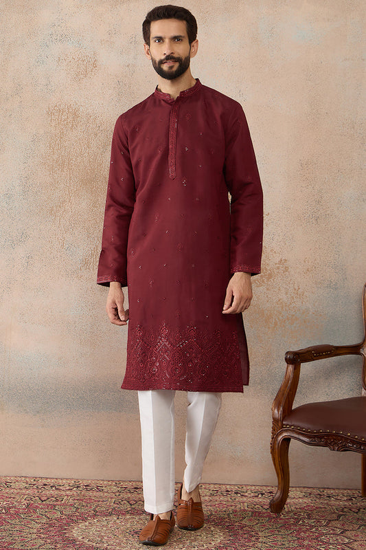 Mens Maroon Silk Blend Solid Emboidered Straight Kurta MKU2289