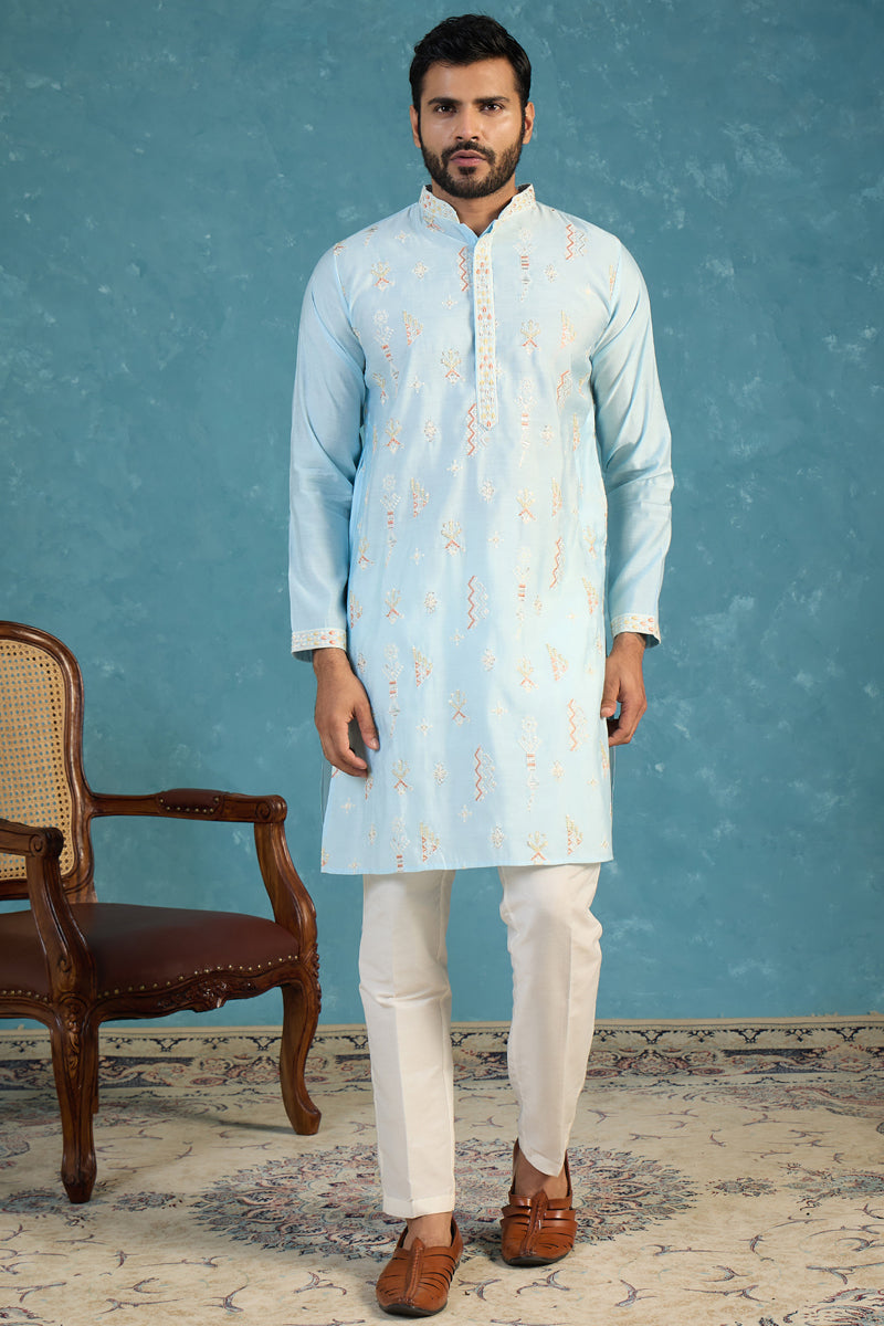 Silk Blend Blue Solid Embroidered Calf Length Straight Kurta With Trousers MKSET2141
