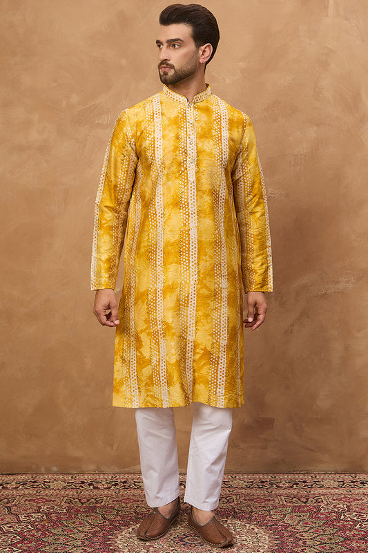yellow silk blend shibori embroidered straight kurta