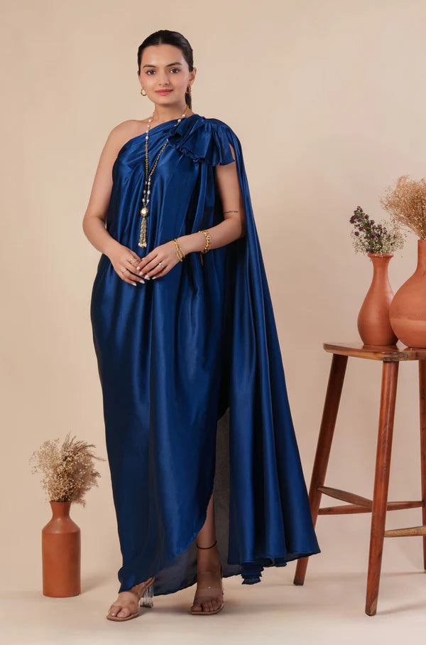 MUSH - Women Stylist Maroon Red One Shoulder Pleated And Drape Style Satin Gown