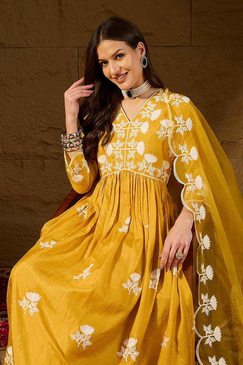 yellow silk blend solid embroidered a line kurta trouser with dupatta
