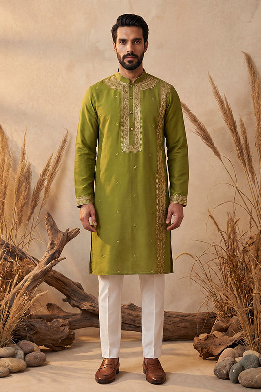 Mens Green Silk Blend Solid Emboidered Straight Kurta MKU2313