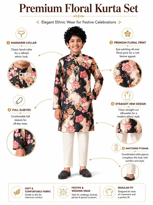 Indi Loom Couture Boys Black Floral Printed Kurta with Off White Pyjama Set ILBKS46