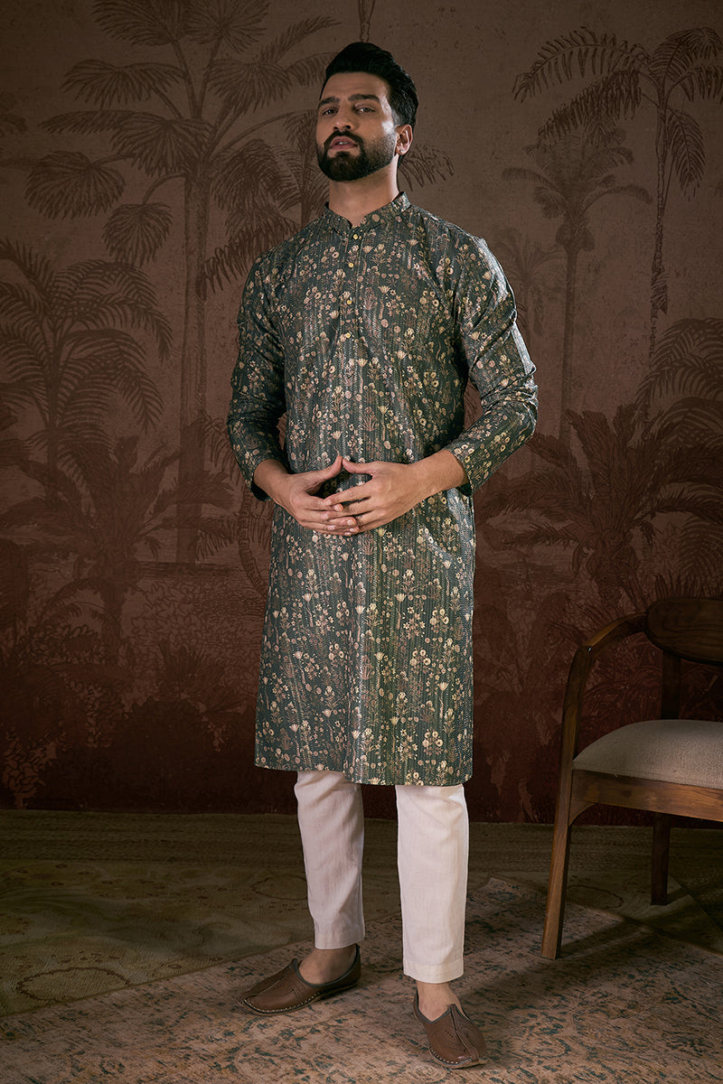 Olive Silk Blend Floral Printed Straight Kurta MKU1911