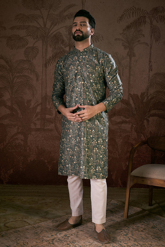 Olive Silk Blend Floral Printed Straight Kurta MKU1911