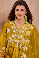 mustard silk blend solid embroidered a line kurta trouser with dupatta 