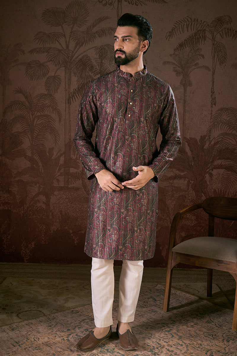 Purple Silk Blend Ethnic Motifs Printed Straight Kurta With Trouser MKSET1941