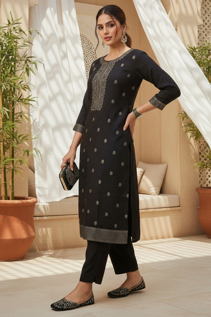 black silk blend ethnic motifs stoning straight kurta trouser with dupatta 