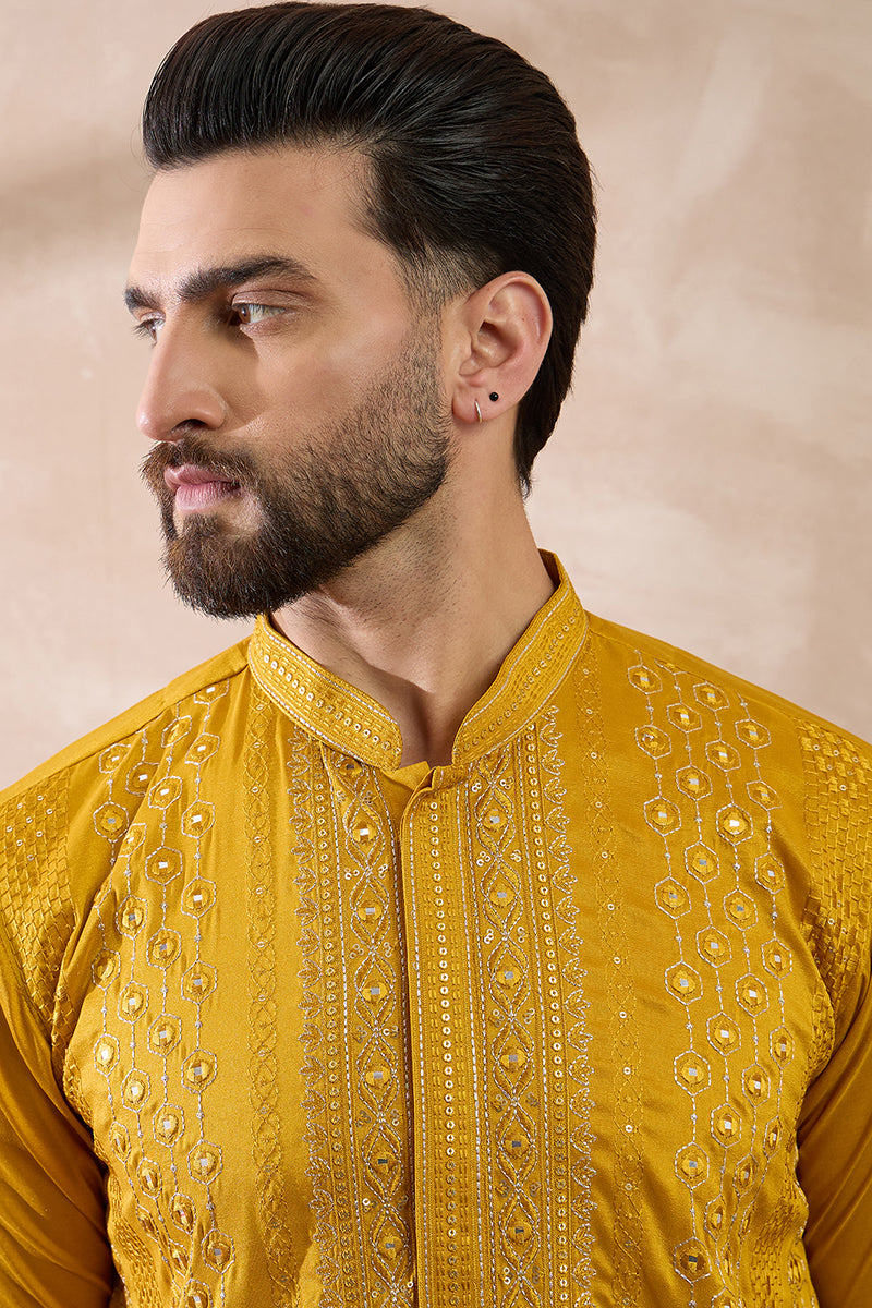 Mustard Silk Blend Embroidered Mandarin Collar Straight Kurta With Trouser MKSET1887
