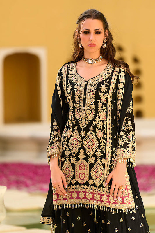 black chinon chiffon embroidered straight kurta sharara with dupatta