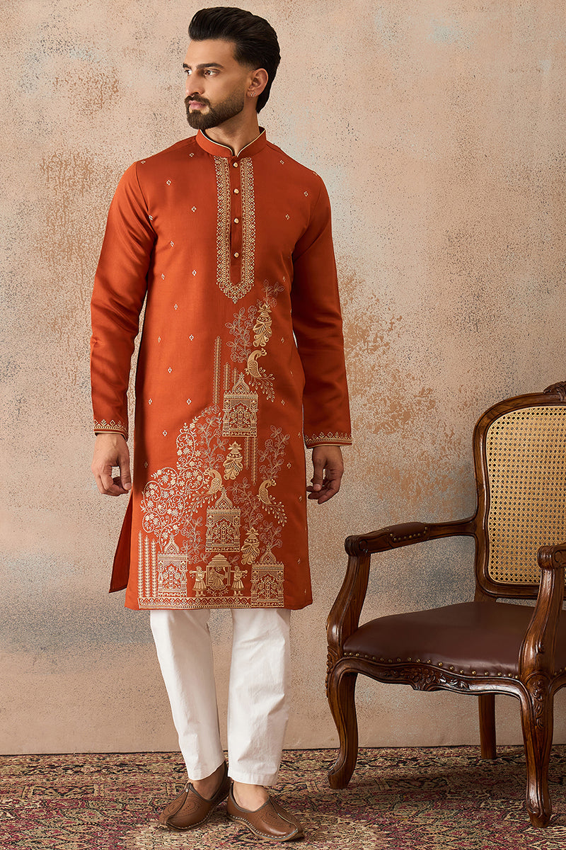 Mens Brown Viscose Rayon Solid Emboidered Straight Kurta MKU2206