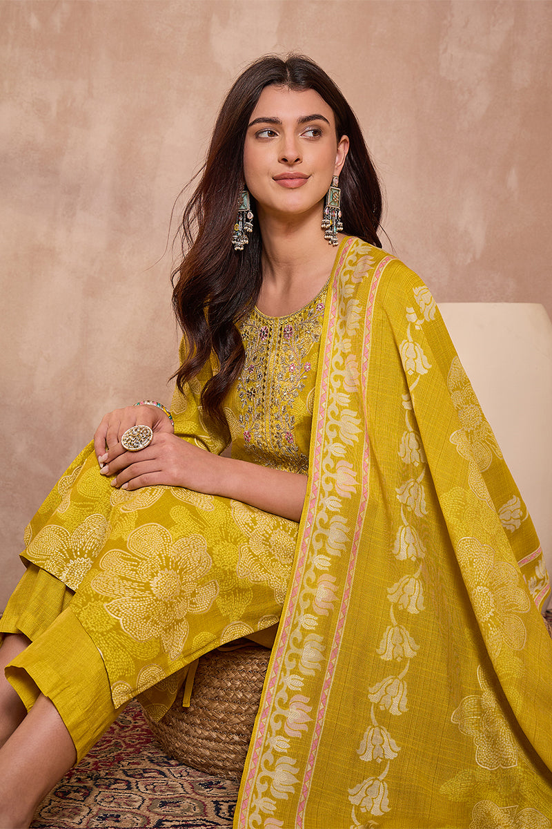 yellow floral printed straight kurta trouser with dupatta 
