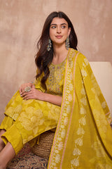 yellow floral printed straight kurta trouser with dupatta 