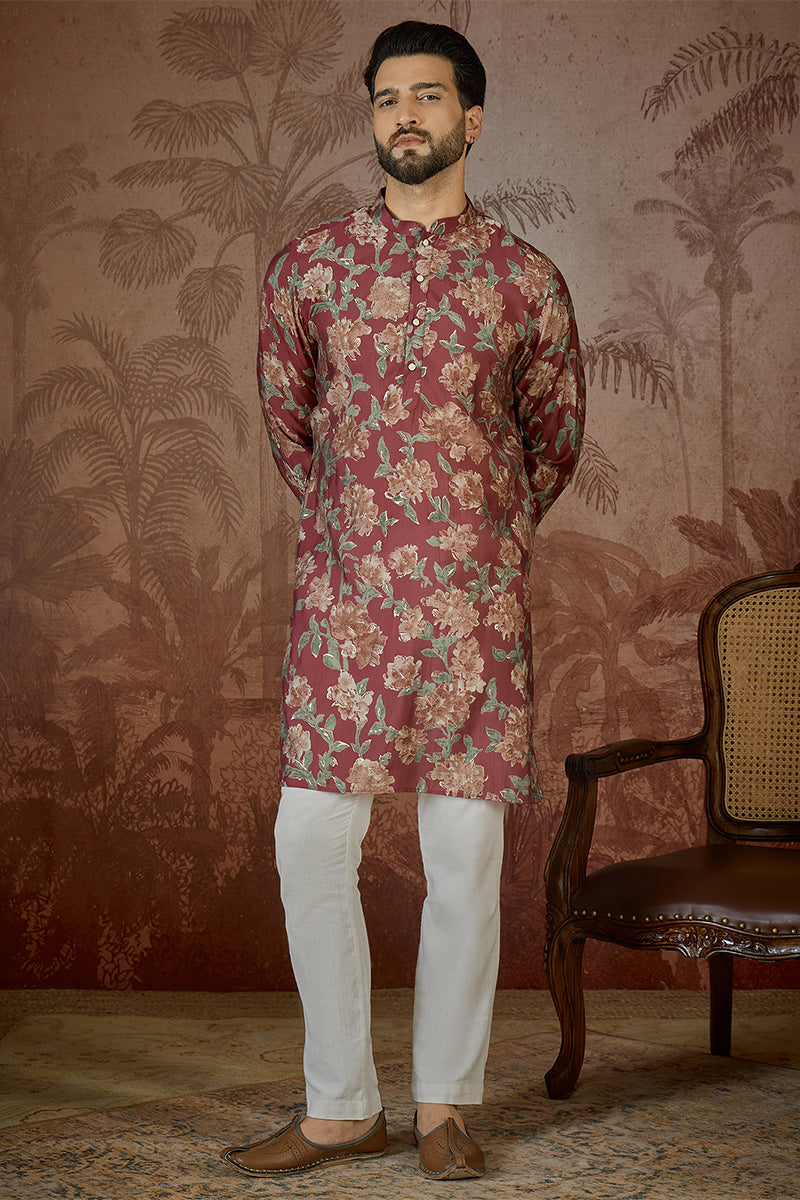 Mens Maroon Silk Blend Floral Printed Kurta With Trouser MKSET2541