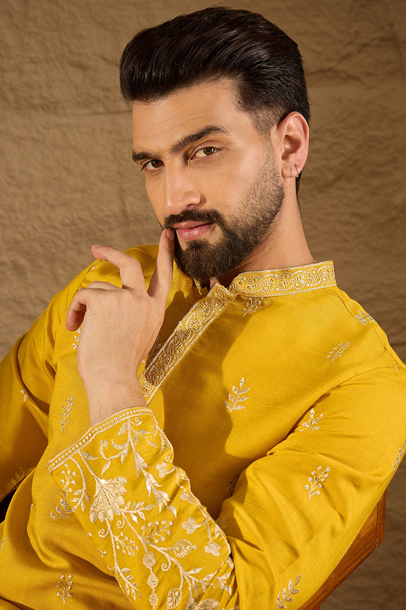 yellow chanderi silk solid embroidered straight kurta with trouser