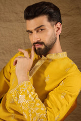 yellow chanderi silk solid embroidered straight kurta with trouser