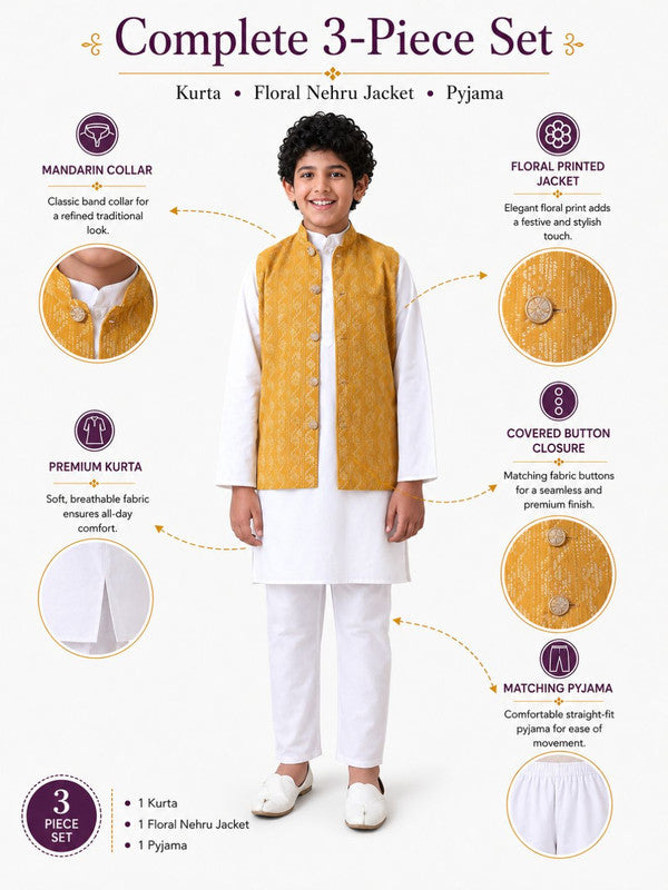 Indi Loom Couture Boys White Kurta & Pyjama with Mustard Yellow Dobby Nehru Jacket Set ILBKSJ15