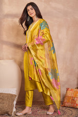 yellow silk blend solid embroidered straight kurta trouser with dupatta 