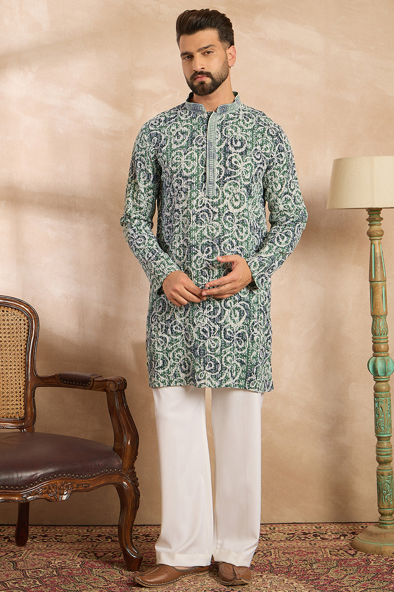 Green Viscose Rayon Batik Embroidered Straight Kurta MKU1718