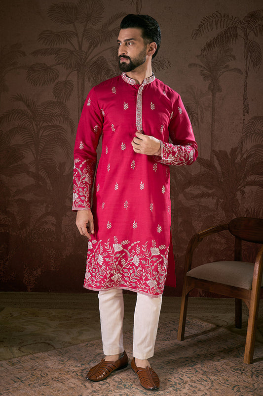 Pink Silk Blend Solid Embroidered Straight Kurta With Trouser MKSET1943