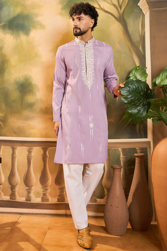 Lavender Silk Blend Solid Embroidered Straight Kurta with Trouser MKSET1489