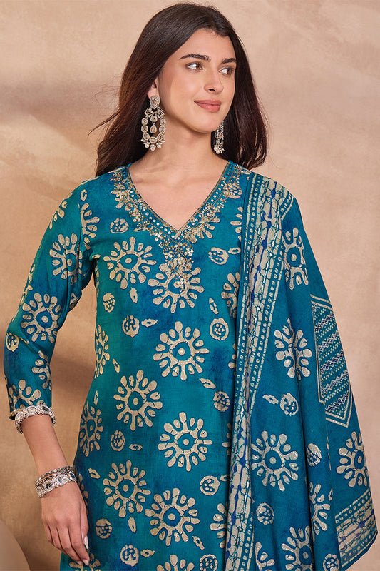 Blue Cotton Blend Abstract Printed Straight Kurta Trouser With Dupatta