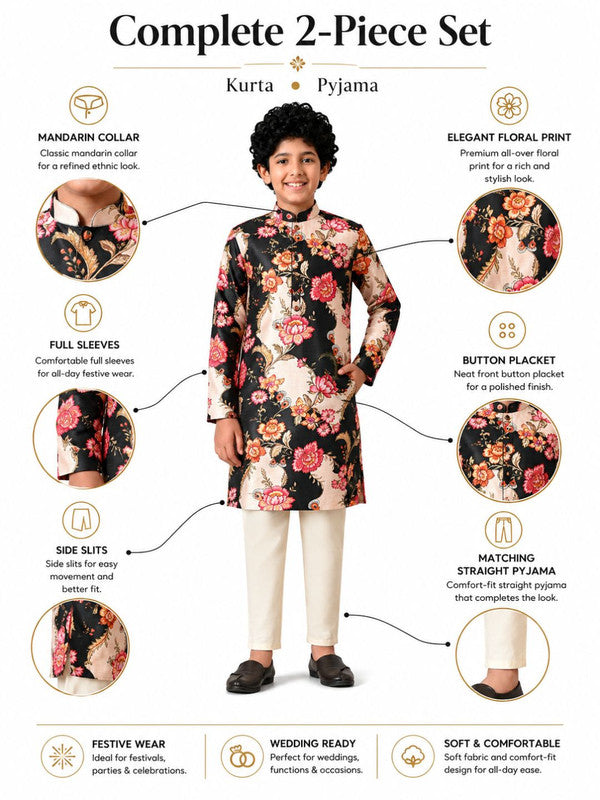 Indi Loom Couture Boys Black Floral Printed Blazzer Kurta with Off White Pyjama Set ILBKS45