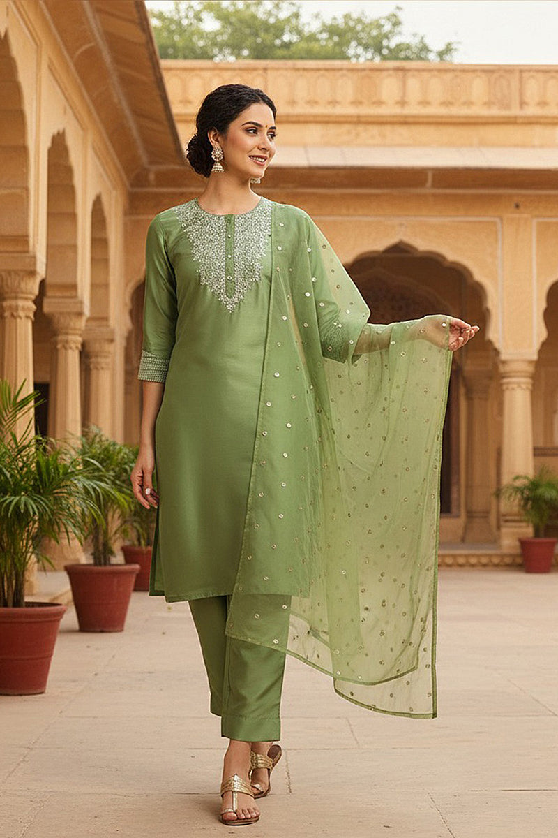 women green poly silk solid yoke design kurta trousers with dupatta pkskd1589
