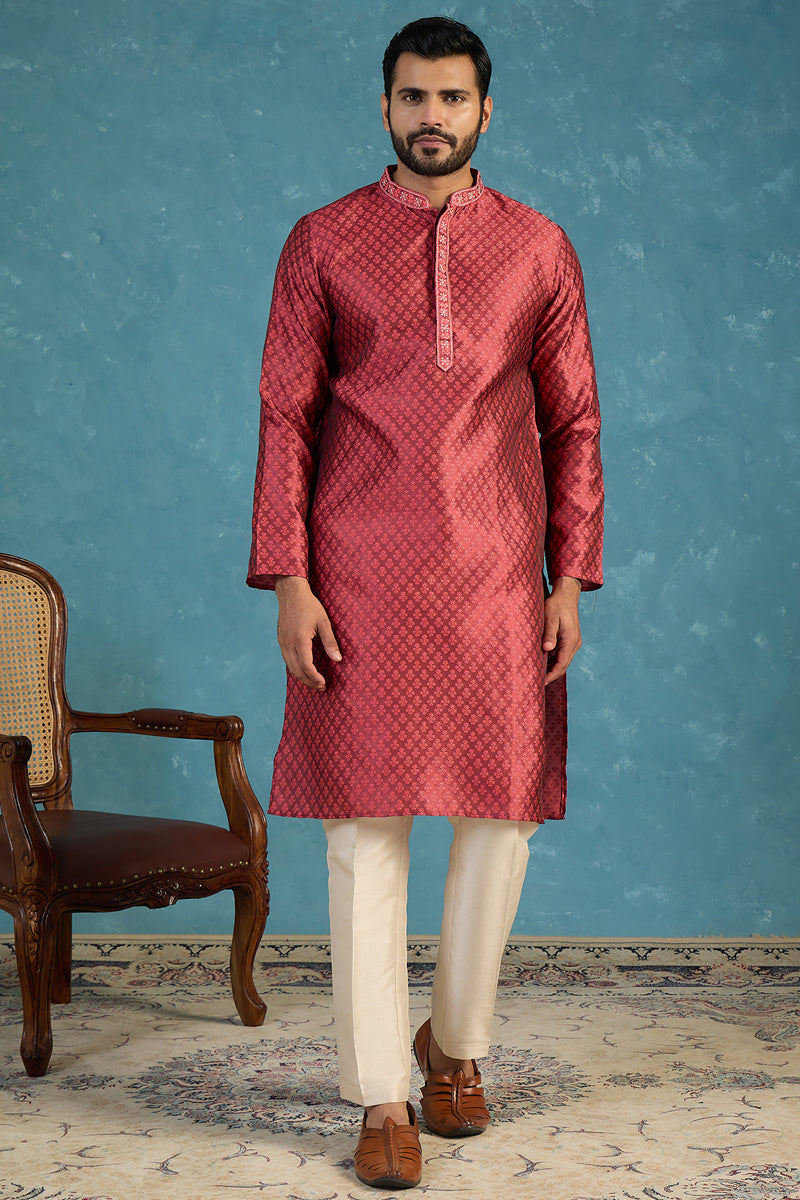 Mens Maroon Jacquard Woven Design Straight Kurta MKU2342