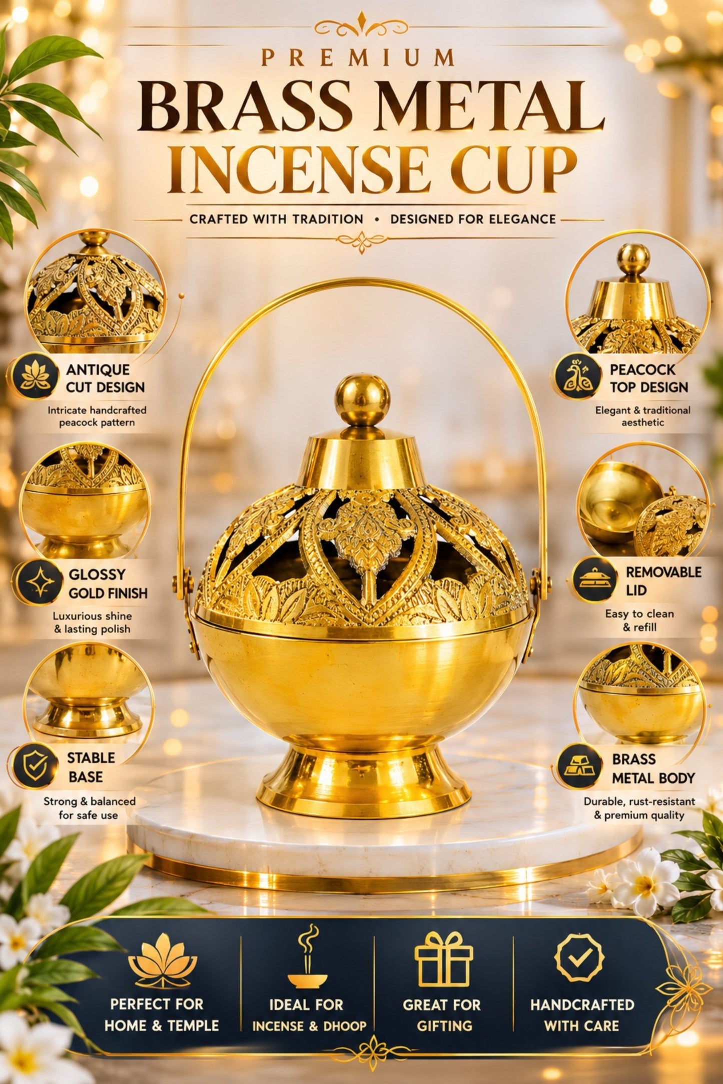 premium brass metal incense burner with handle handcrafted dhoop dani for sambrani loban dhoop cups resin incense decorative smoke diffuser for home temple pooja room