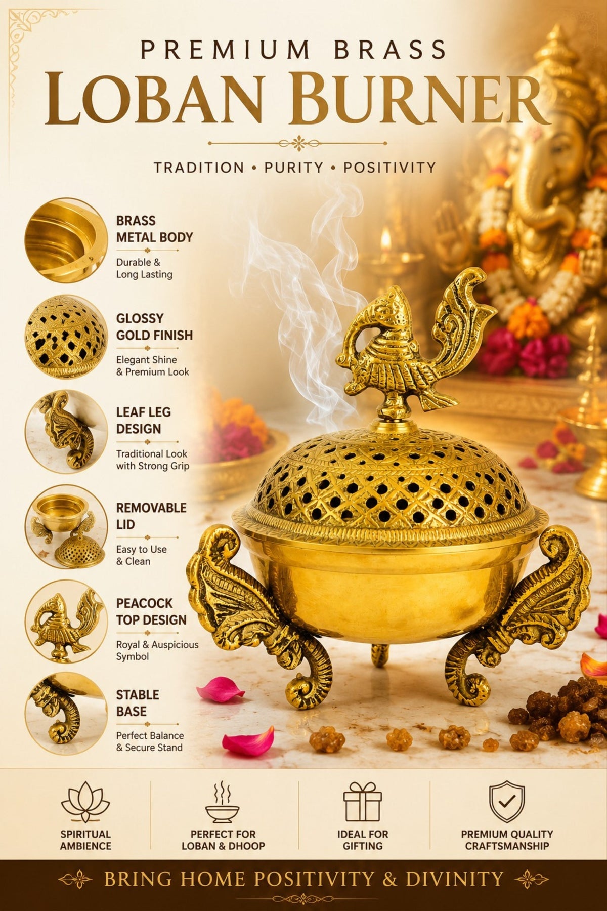 premium brass loban burner with peacock top handcrafted brass dhoop dani for loban sambrani cups dhoop bakhoor resin incense decorative pooja dhuni burner for home temple meditation