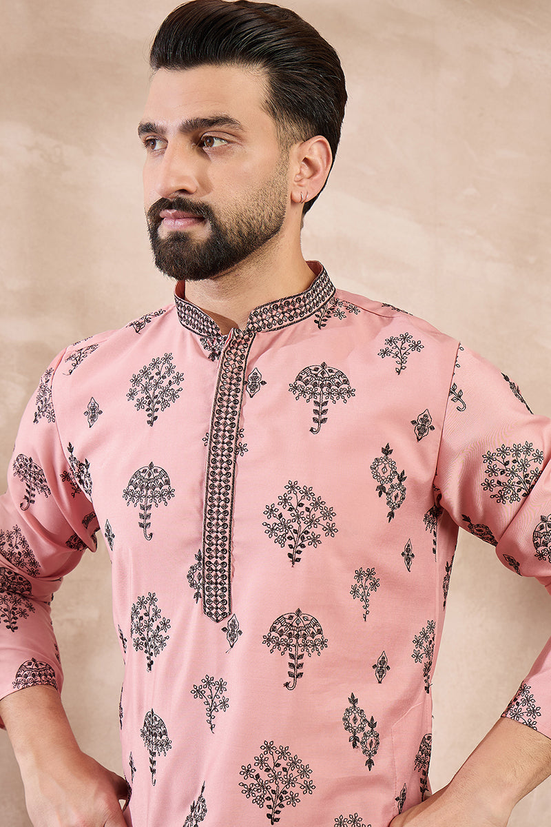Peach Silk Blend Solid Embroidered Straight Kurta MKU1804