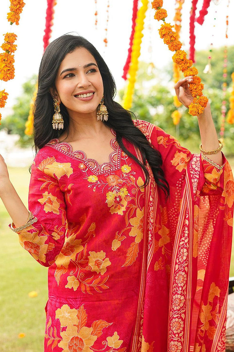 red viscose rayon floral embroidered straight kurta trousers with dupatta 