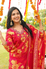 red viscose rayon floral embroidered straight kurta trousers with dupatta 