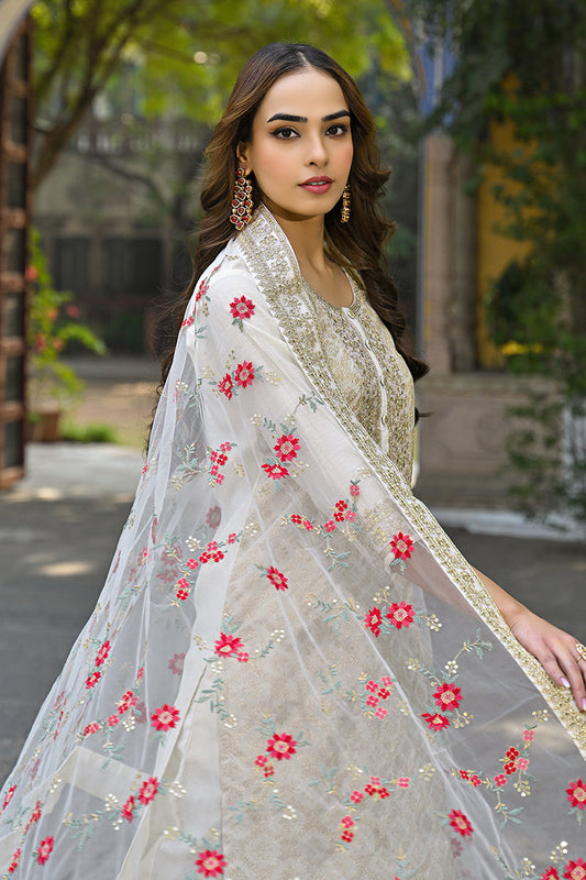 off white silk blend solid embroidered straight kurta trousers with dupatta