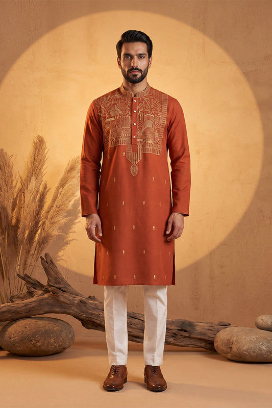 Mens Orange Silk Blend Solid Emboidered Straight Kurta MKU2372