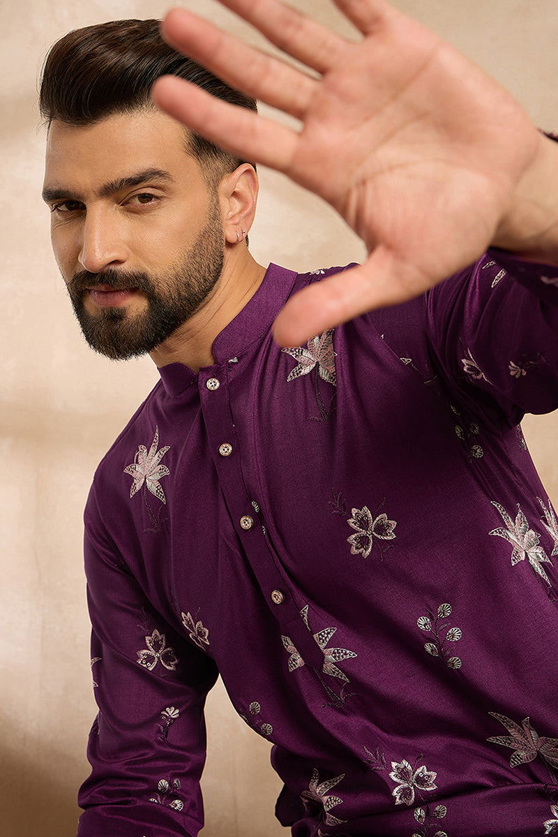 Purple Polyester Solid Embroidered Straight Kurta With Trouser MKSET1834