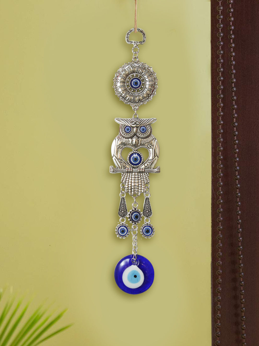 Silver Toned & Blue Owl Evil Eye Door Wall Hanging