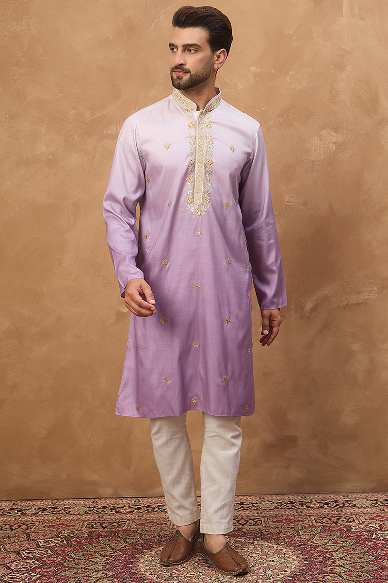 Purple Silk Blend Solid Embroidered Straight Kurta MKU1487