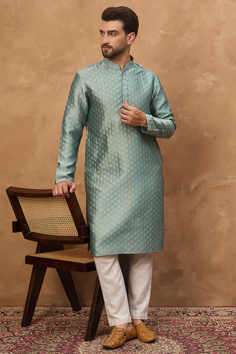 Blue Silk Blend Solid Woven Design Straight Kurta MKU1457