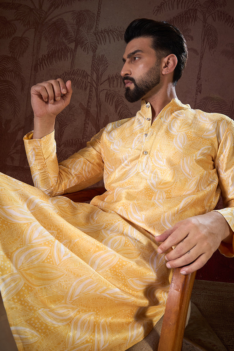 Yellow Silk Blend Floral Printed Straight Kurta With Trouser MKSET1937