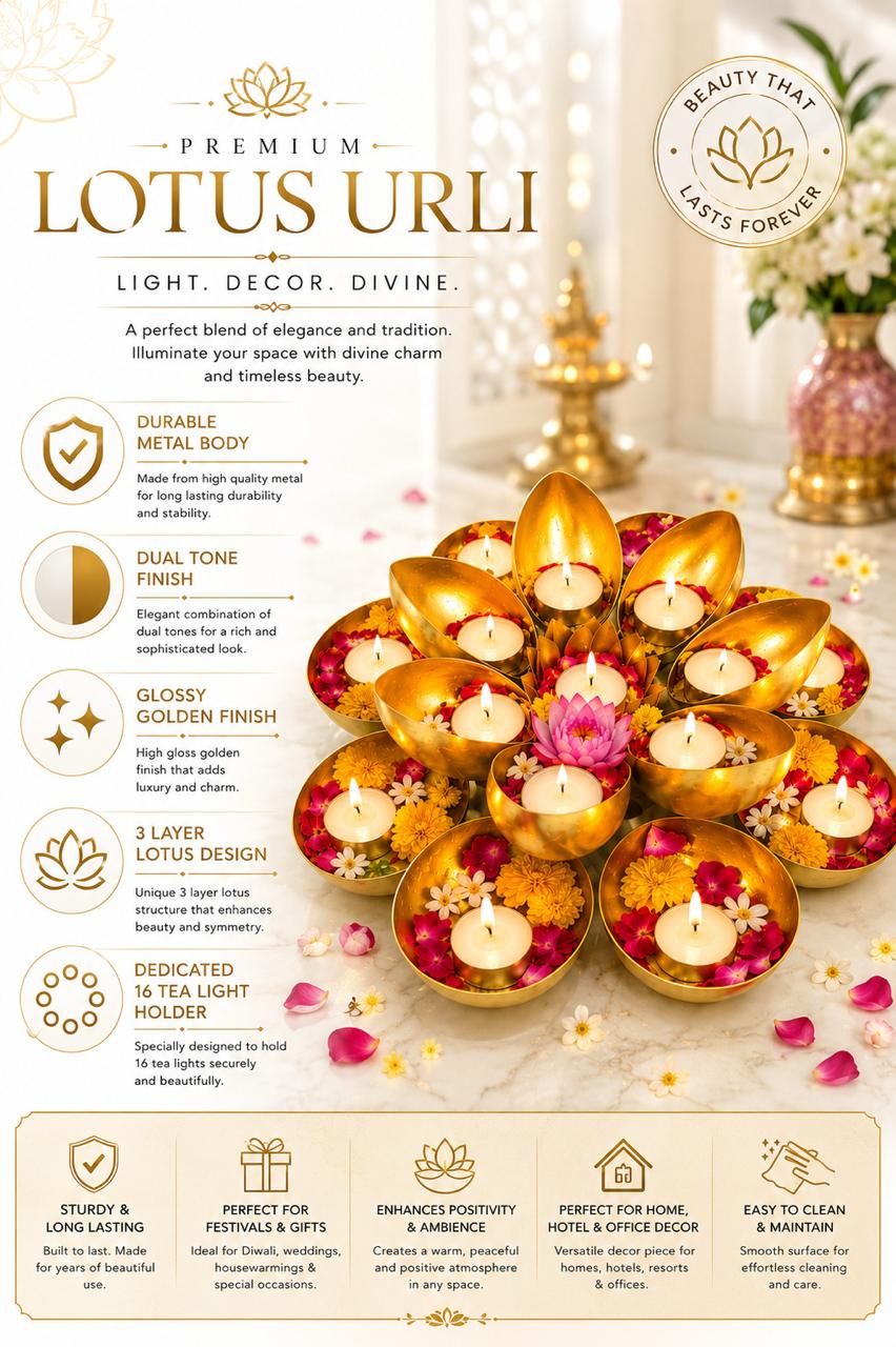 golden metal urli cum tealight holder set decorative diya flower urli for festive home decor