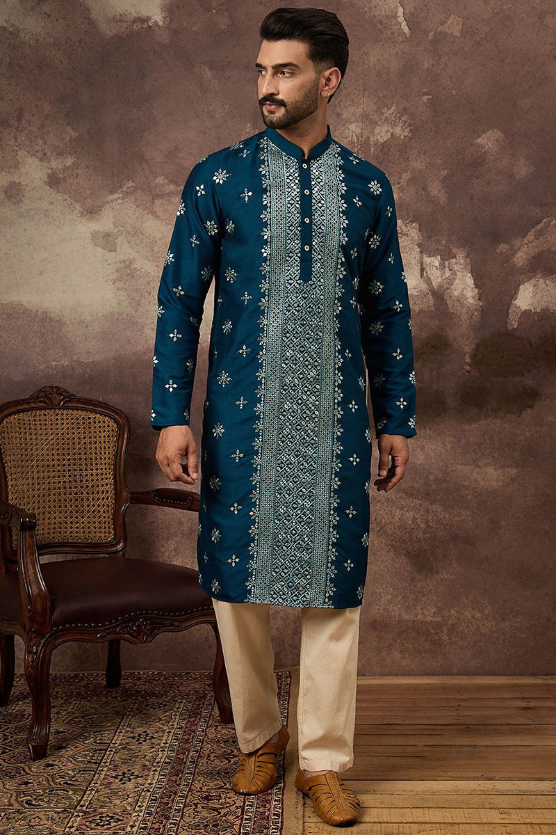 Blue Silk Blend Solid Embroidered Straight Kurta With Pant Set MKSET1371