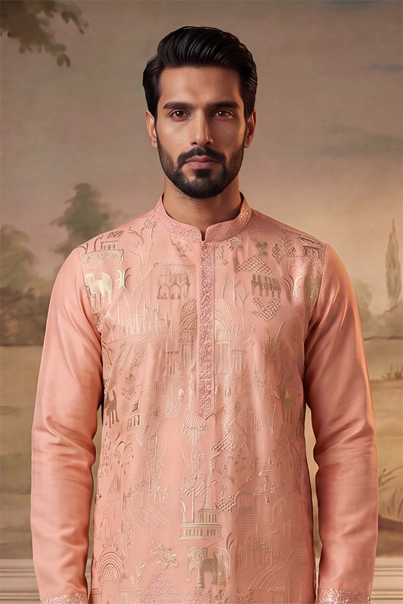 ethnic-bay-mens-peach-viscose-rayon-solid-embroidered-kurta-with-trousers-mkset2092