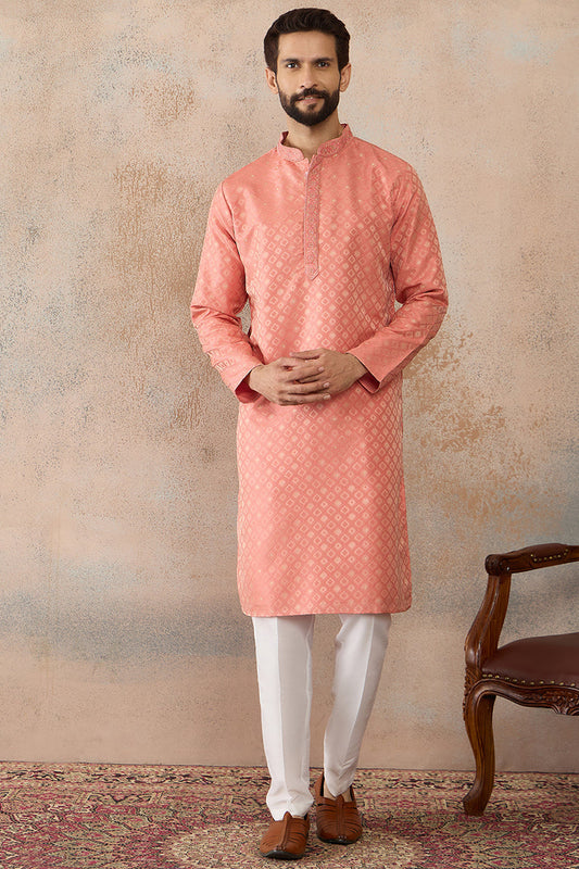 Mens Coral Jacquard Ethnic Motifs Embroidered Kurta With Trouser MKSET2491