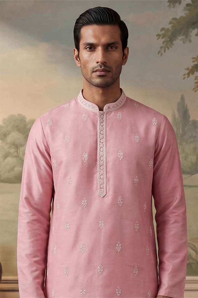 Silk Blend Pink Solid Embroidered Calf Length Straight Kurta With Trousers MKSET2271