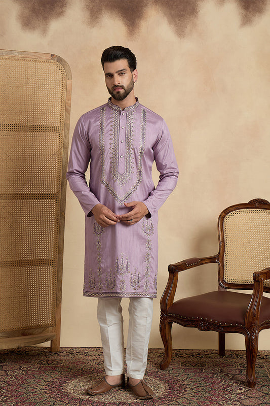 Mens Lavender Silk Blend Solid Embroidered Straight Kurta MKU2527