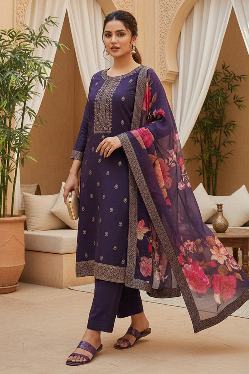 purple silk blend ethnic motifs stoning straight kurta trouser with dupatta
