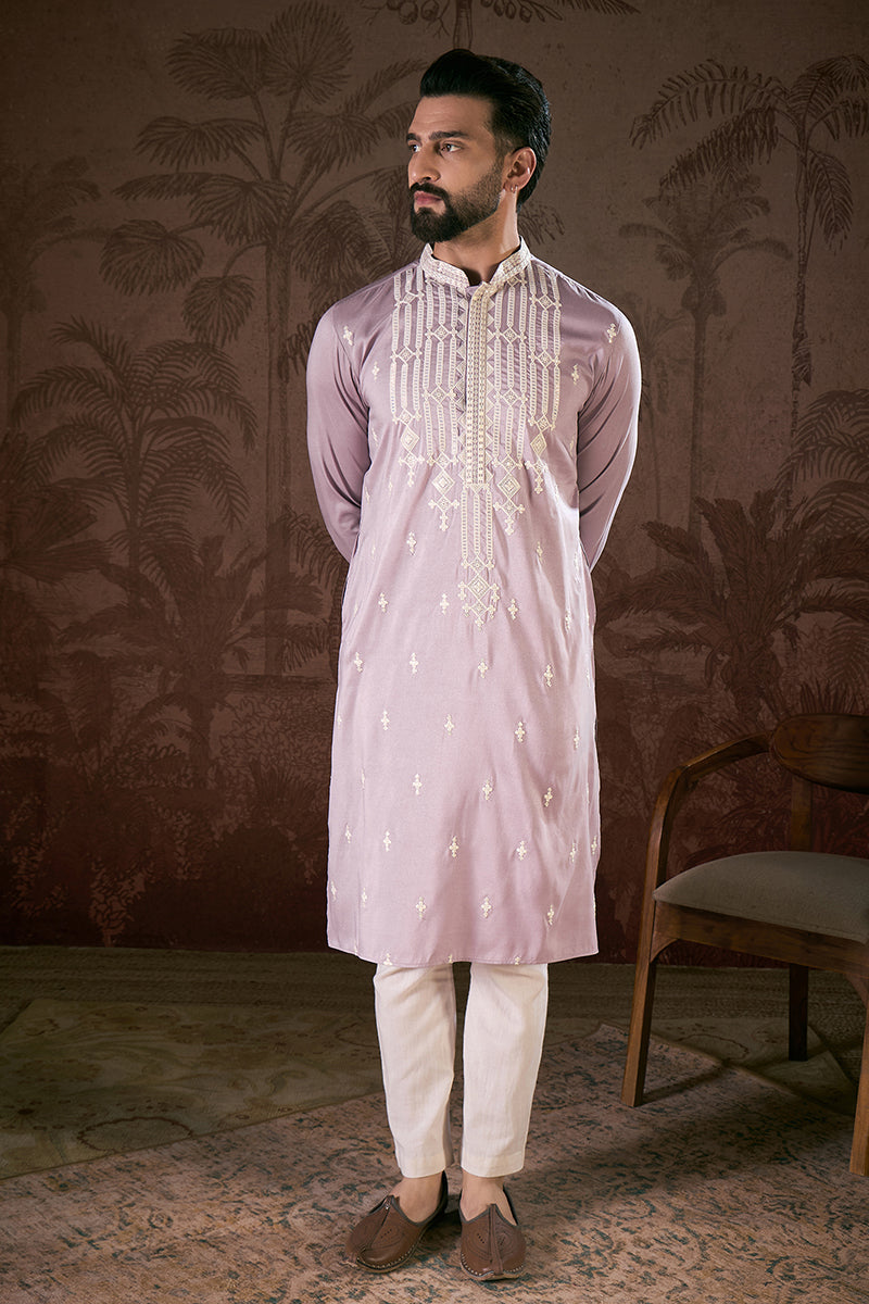 Lavender Silk Blend Solid Embroidered Straight Kurta With Trouser MKSET1880