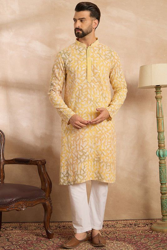 Yellow Viscose Rayon Printed Mandarin Collar Straight Kurta MKU1657
